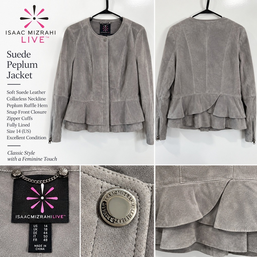 Isaac Mizrahi Live Gray Suede Peplum Jacket Sz 14 Ruffle Hem Collarless Leather